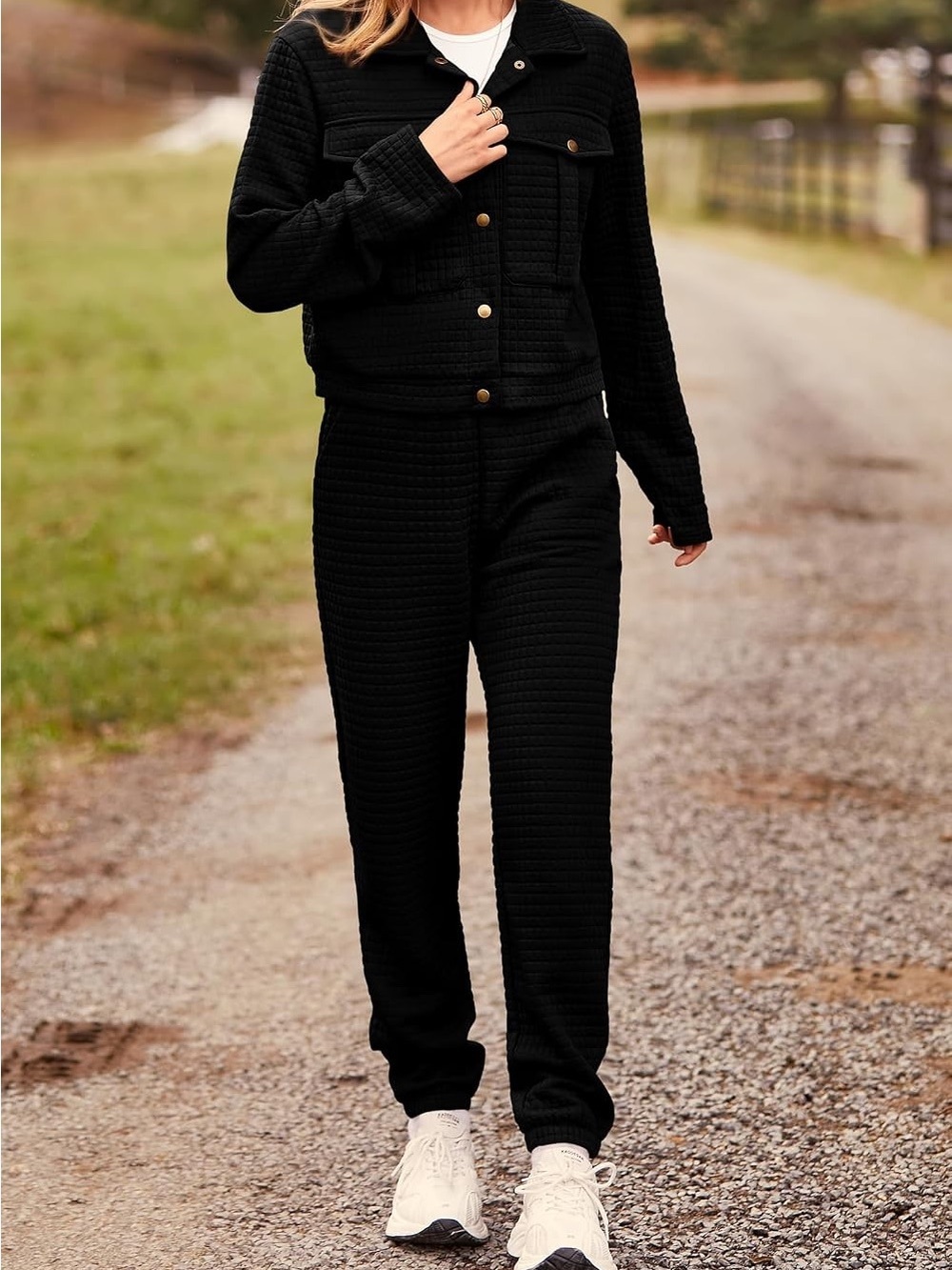 PrettyGarden Black Quilted 2 Piece Jacket Sweatpants Tracksuit Set Size S